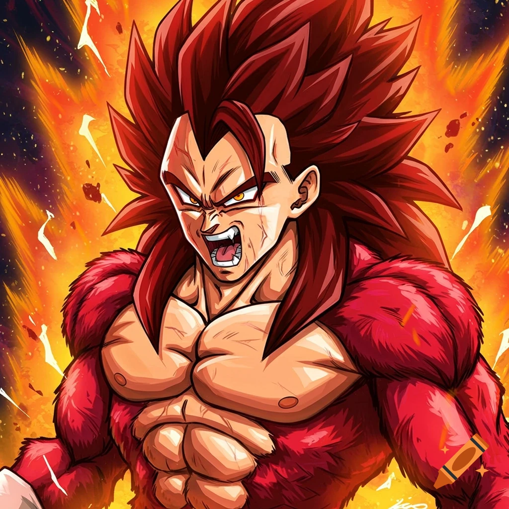 Vegeta as Super Saiyan 4, with red fur and spiky red hair, screaming intensely amidst an orange energy aura.