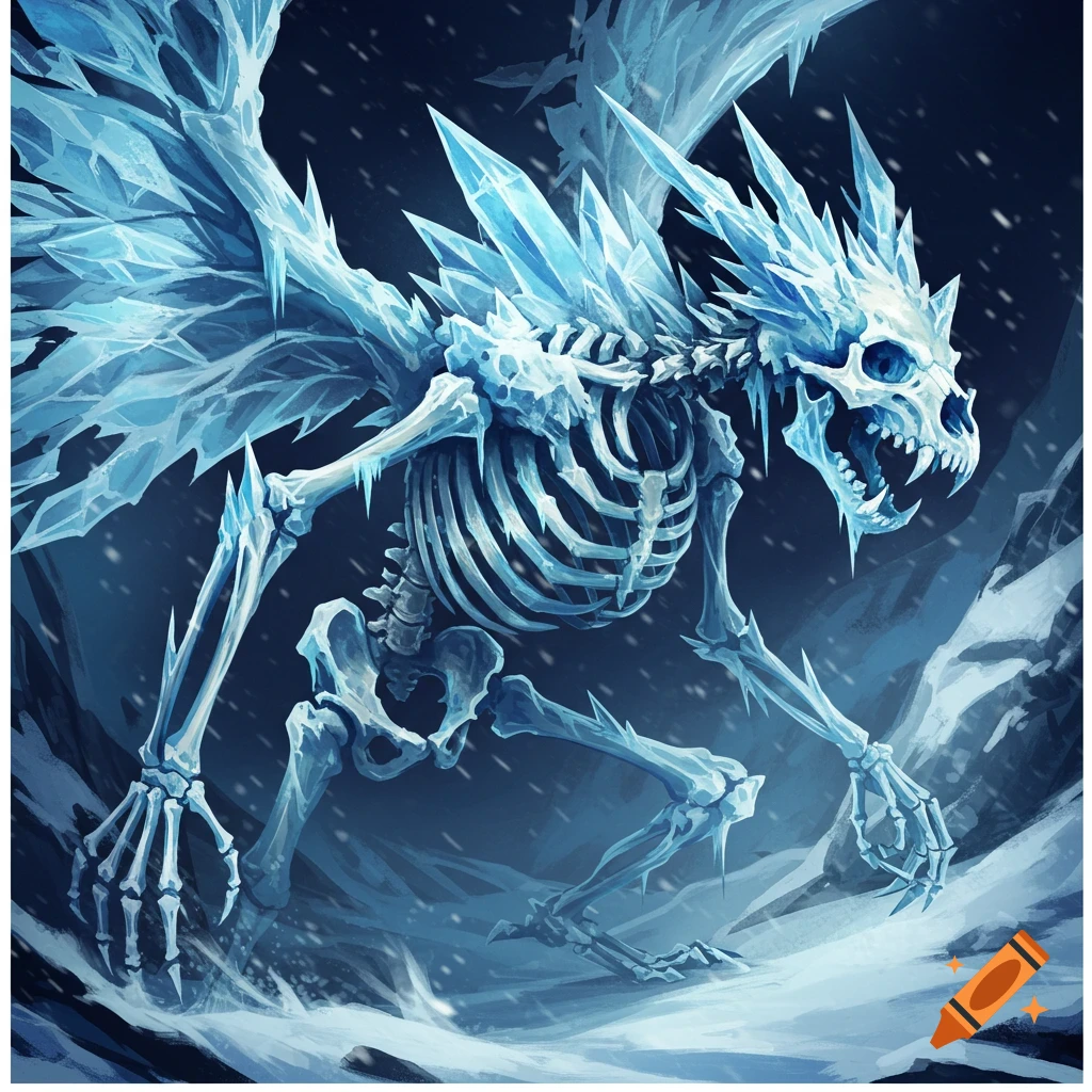 A detailed illustration of a skeletal ice dragon creature with large ice wings, standing in a snowy landscape.