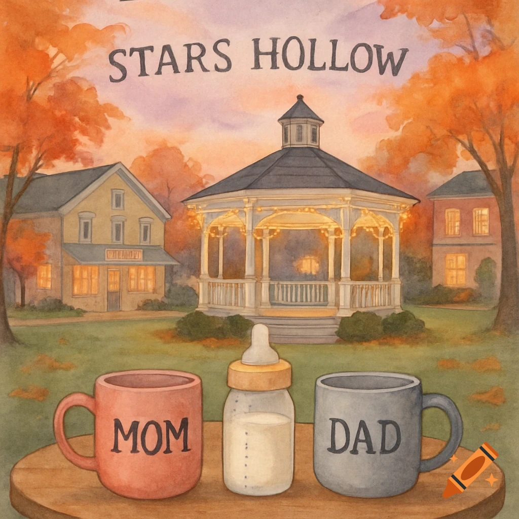 A soft watercolor illustration of Stars Hollow at dusk in the fall, featuring the town's white gazebo. In the foreground, a wooden table holds 'Mom' and 'Dad' mugs flanking a baby bottle. A New England diner is in the background.