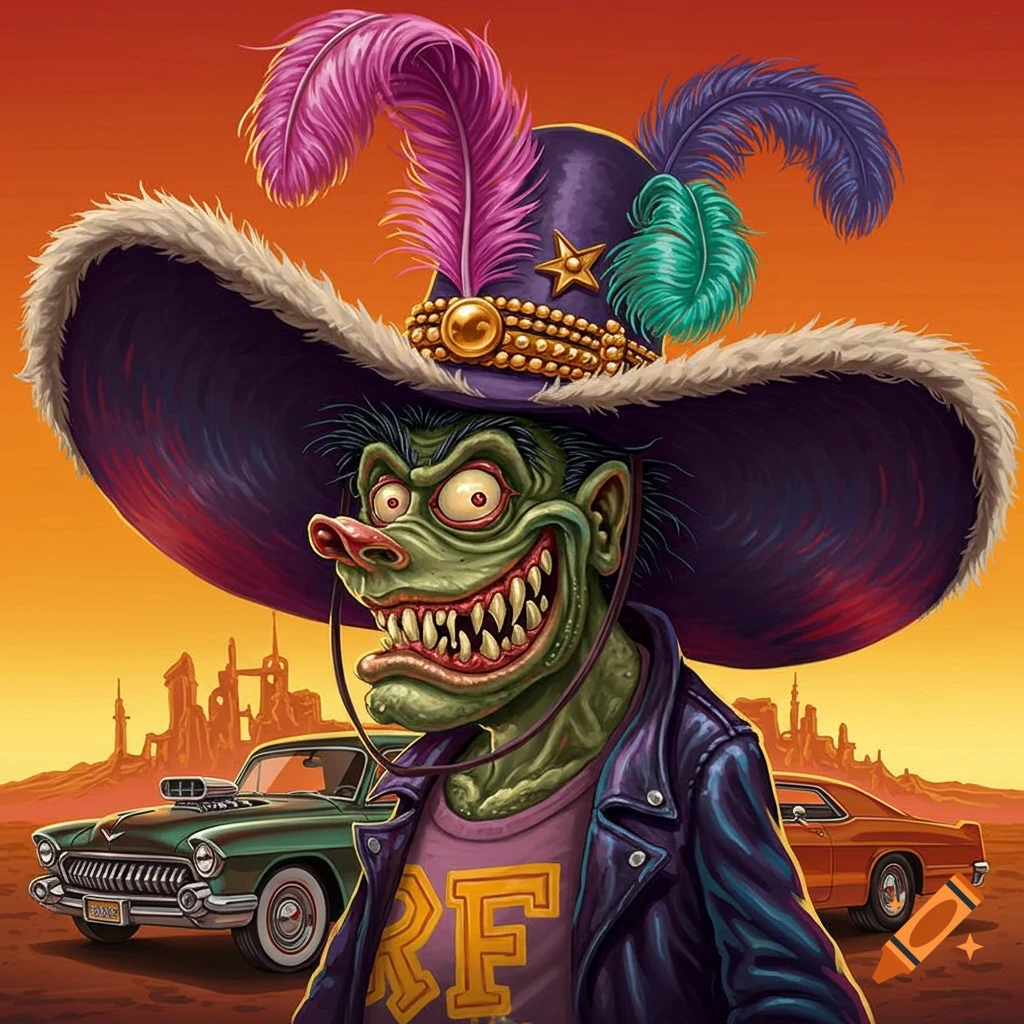 Cartoon Rat Fink monster with large teeth and a purple feathered pimp hat, wearing a leather jacket, in a desert with hot rods under an orange sky.