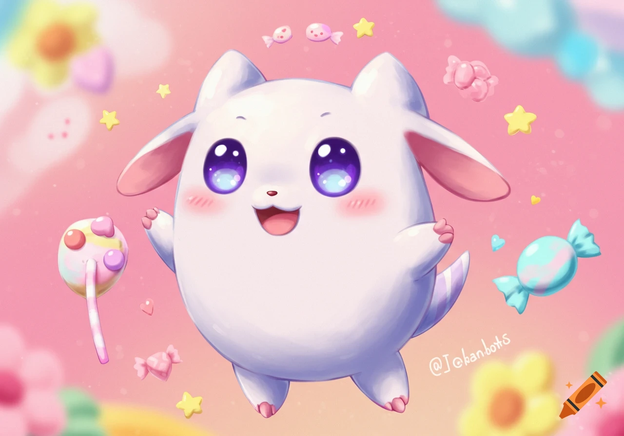 A cute, fluffy white cartoon creature with big purple eyes and pink blush, floating among candies and stars on a pastel pink background.