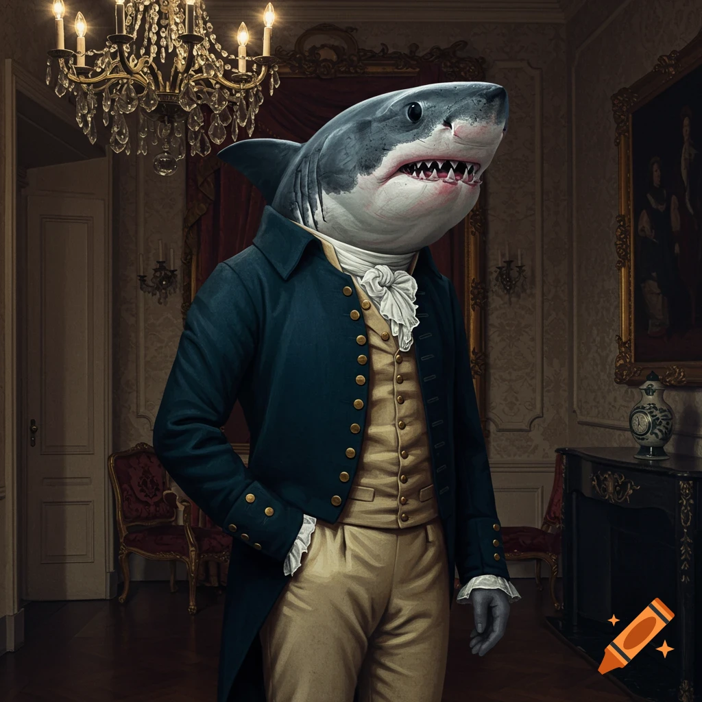 A photorealistic shark wearing a blue regency coat and tan vest stands in an opulent, chandelier-lit room.