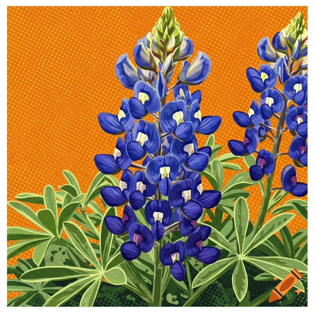 Pop art illustration of vibrant bluebonnet flowers with green leaves against an orange background.
