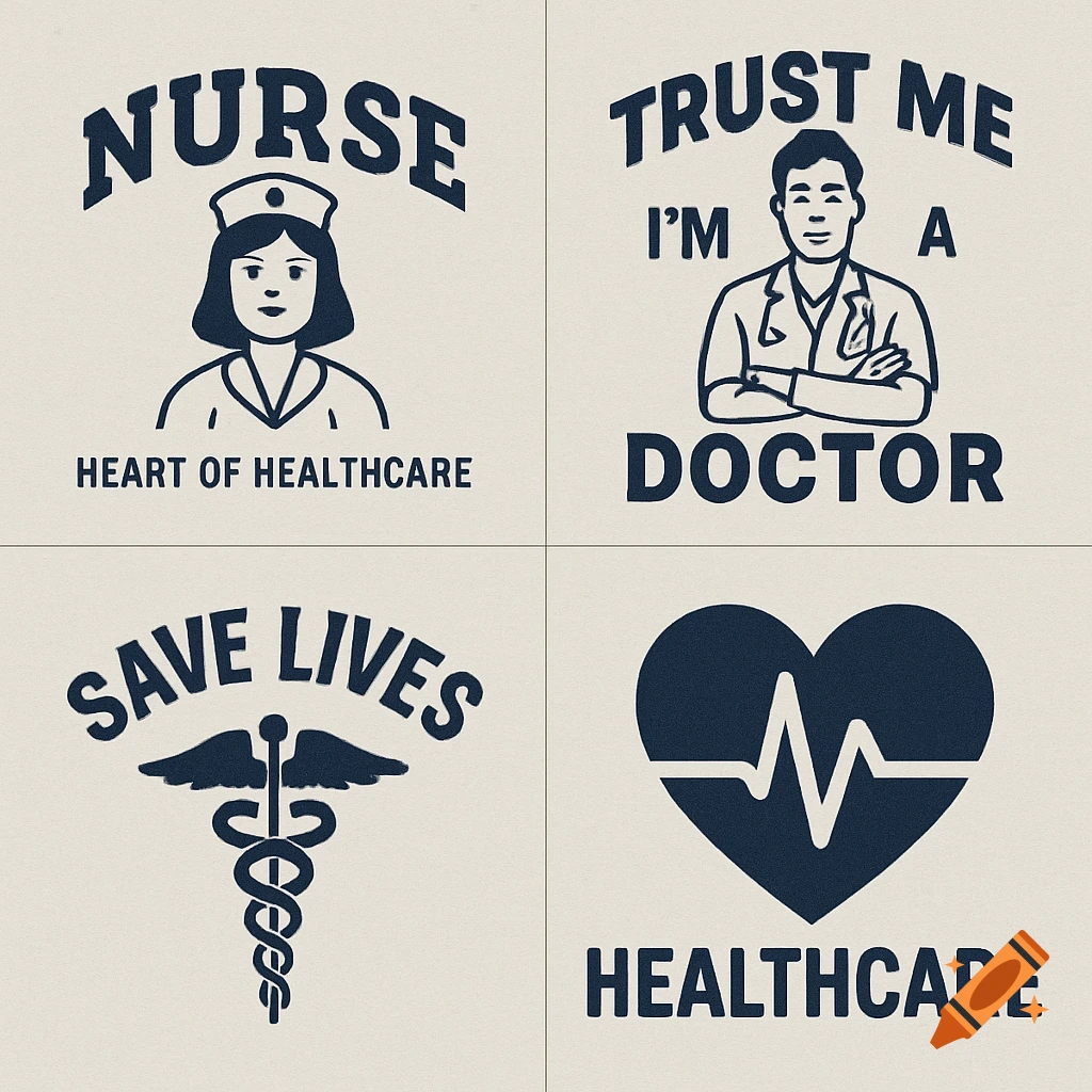 Four monochrome healthcare-themed t-shirt designs featuring a nurse, a doctor, a caduceus, and a heart with an ECG line.