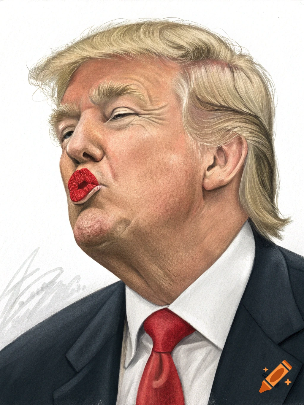 Caricature of Donald Trump with red lipstick making a kissy face against a white background.