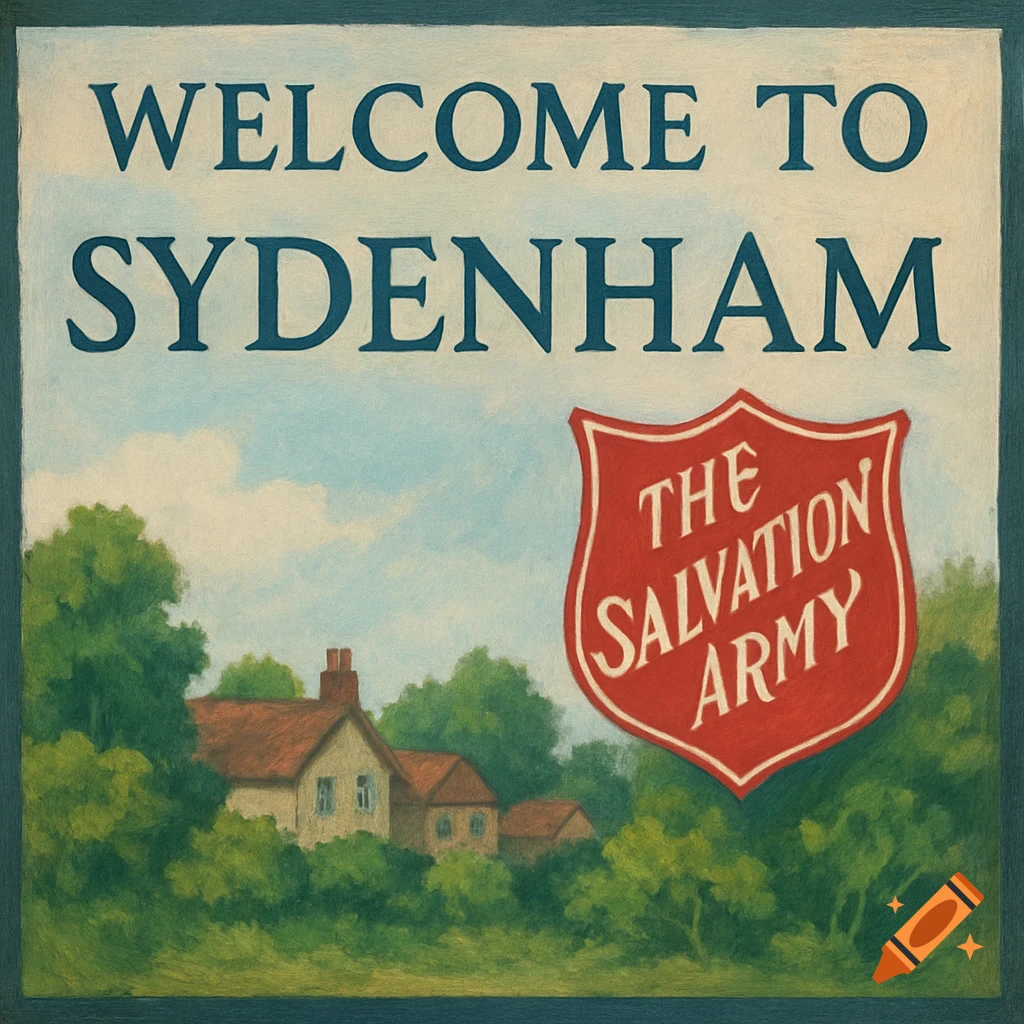 A painted welcome sign for Sydenham featuring 'WELCOME TO SYDENHAM' text, The Salvation Army shield, and a rural landscape.