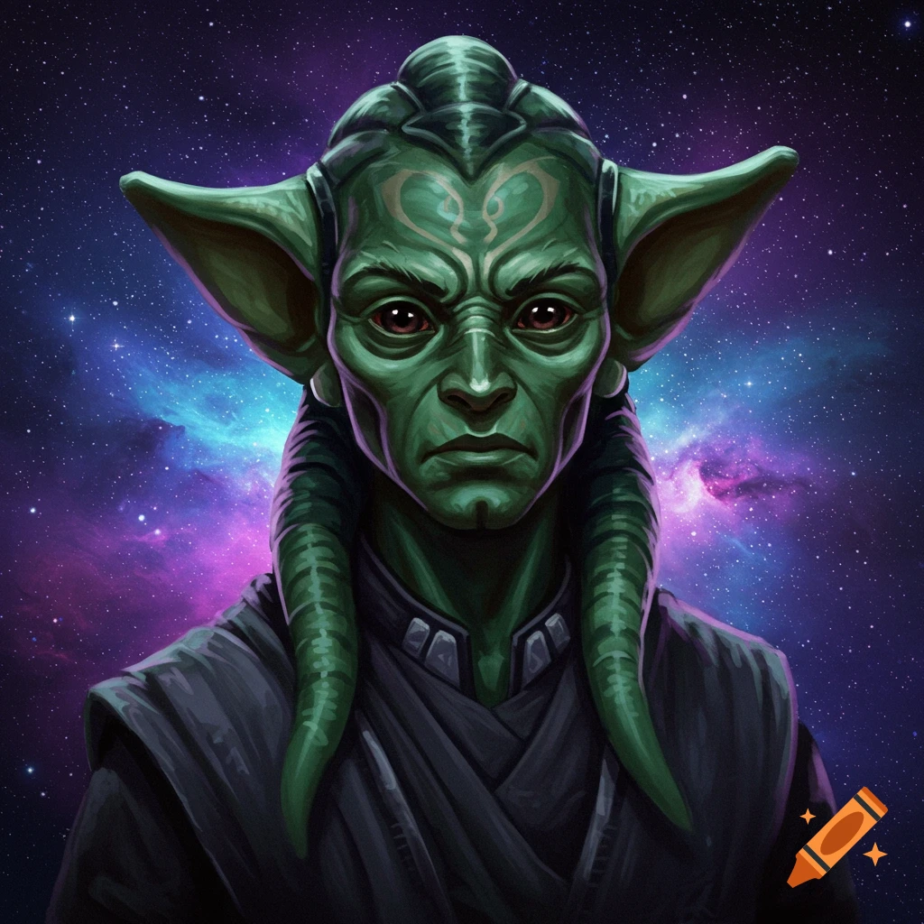 A green-skinned Nautolan alien character portrait from Star Wars, set against a vibrant galaxy background.