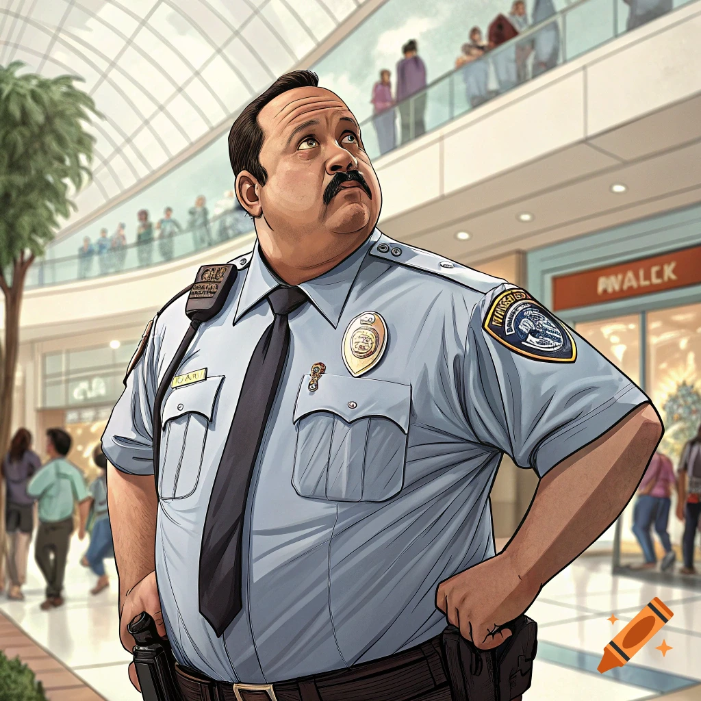 An illustrated security guard with a mustache and uniform stands in a mall, looking upwards.