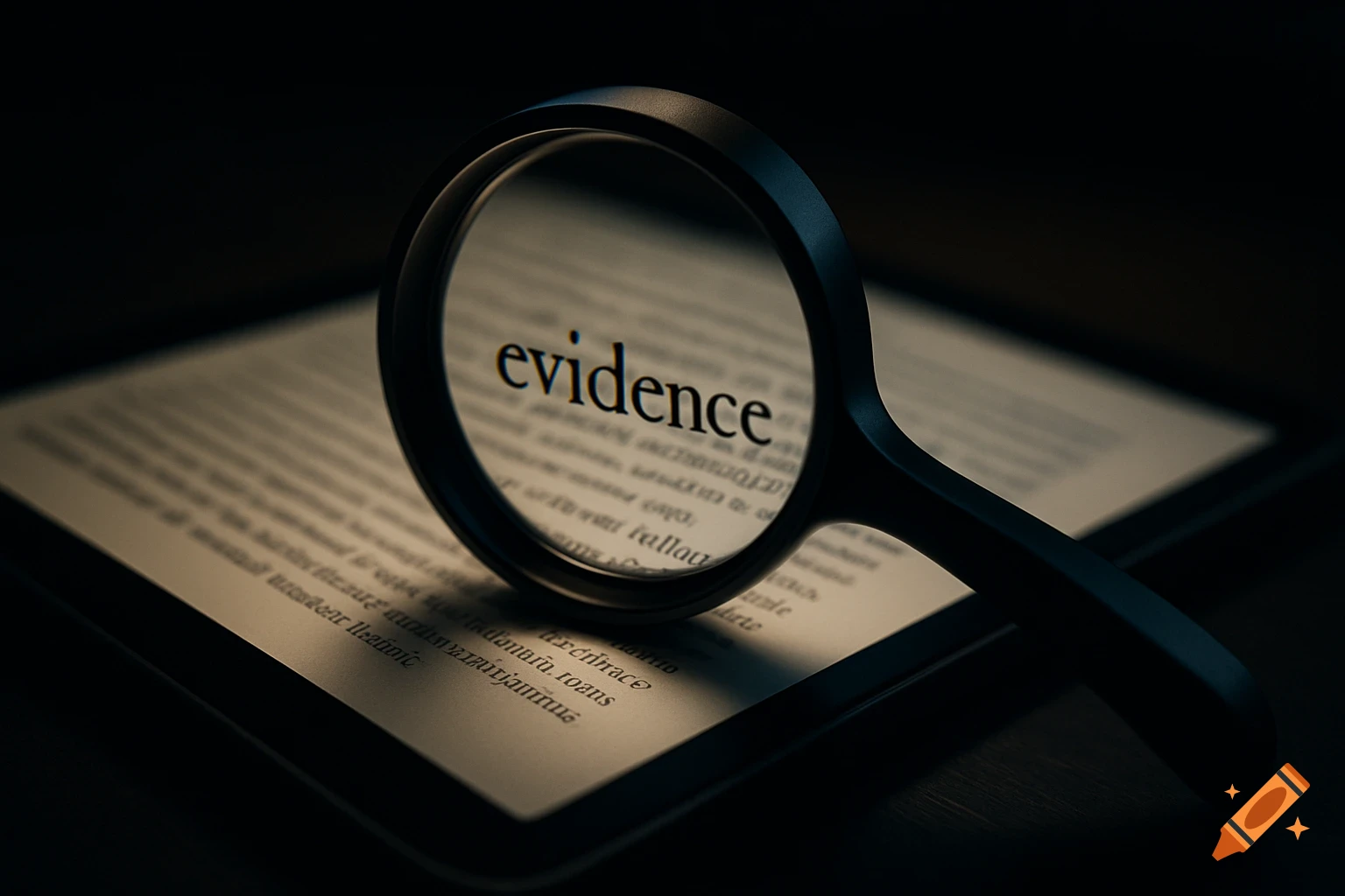 Photorealistic close-up of a magnifying glass enlarging the word 'evidence' on a digital tablet screen, on a dark desk.