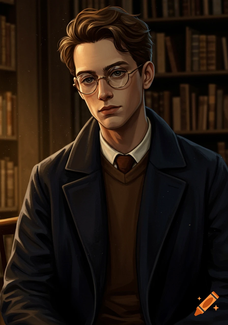Portrait of a young man with brown hair and round glasses, wearing a dark coat and brown sweater, sitting in a library.