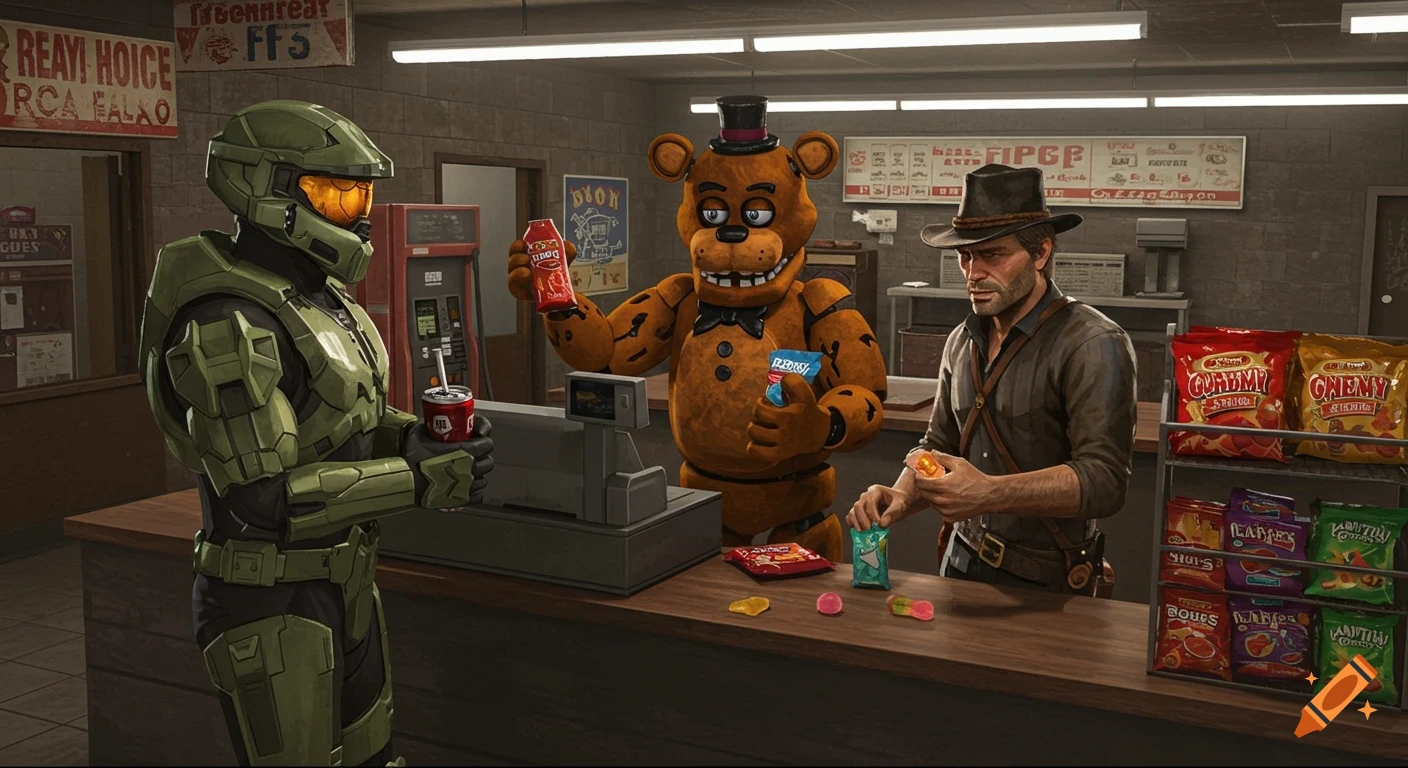 Master Chief, Freddy Fazbear as a cashier, and Arthur Morgan inside a gas station convenience store.
