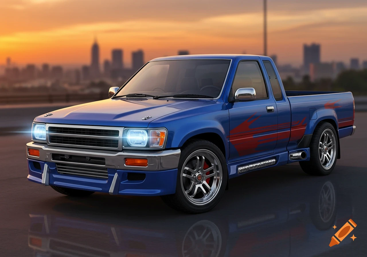 A photorealistic image of a blue custom pickup truck with red decals, parked against a sunset city skyline.