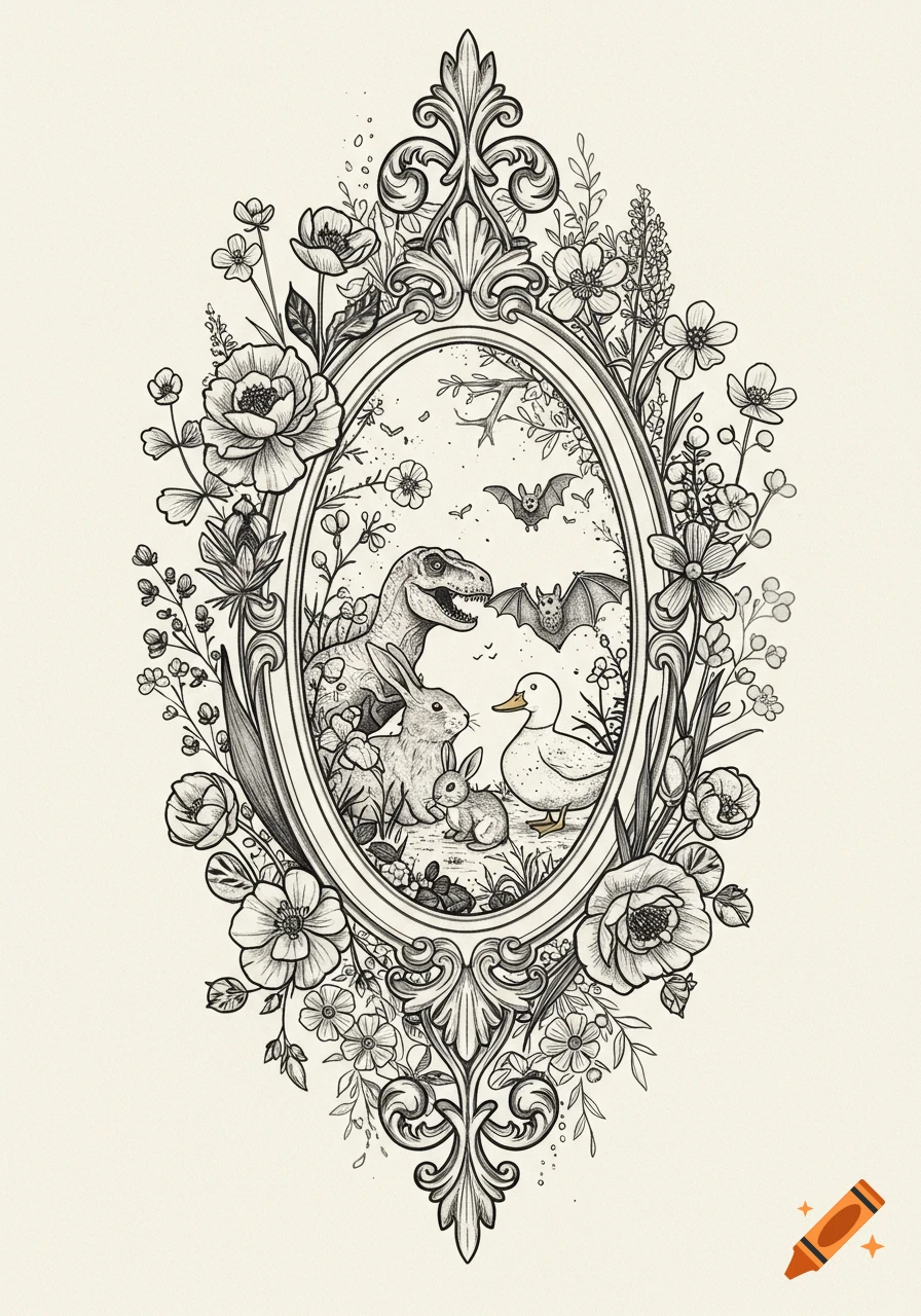 Black and white line art of an ornate oval frame surrounded by flowers, containing a T-Rex, rabbits, a duck, and bats.
