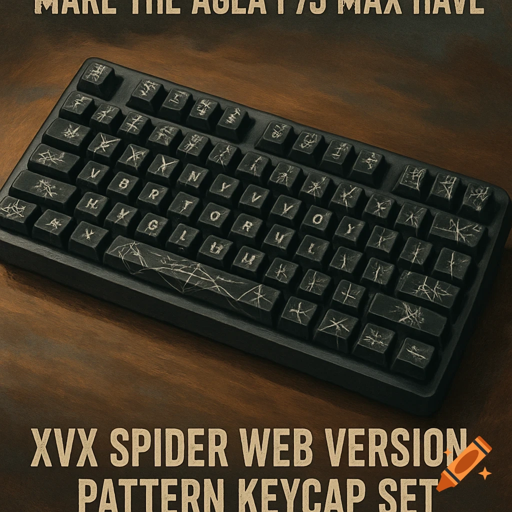 Close-up of a dark grey mechanical keyboard with spider web pattern keycaps on a wooden surface.
