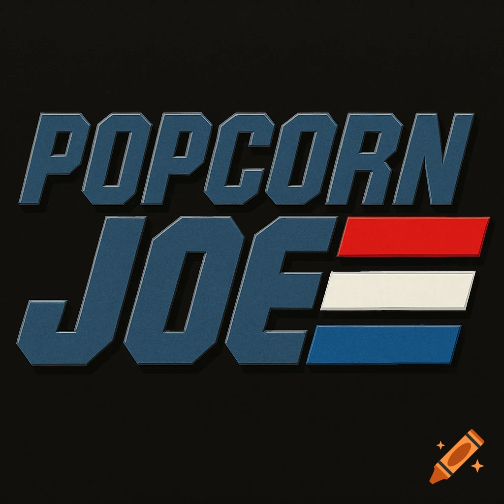 A logo featuring the words "POPCORN JOE" in a blue, blocky, military-style font, similar to the G.I. Joe logo, against a black background. To the right of "JOE" are three horizontal stripes: red, white, and blue.