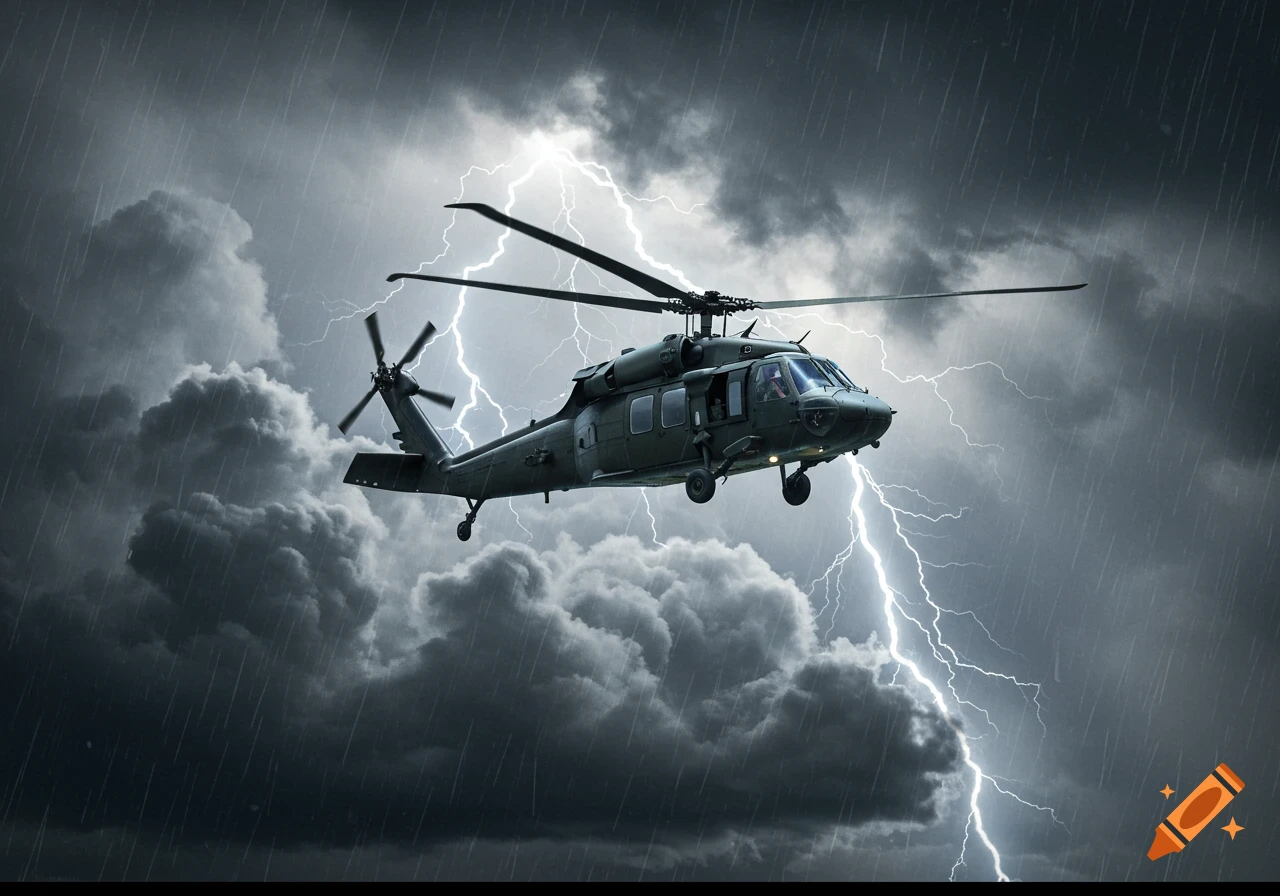 A photorealistic military helicopter flies through a dark, stormy sky with lightning striking and heavy rain falling.