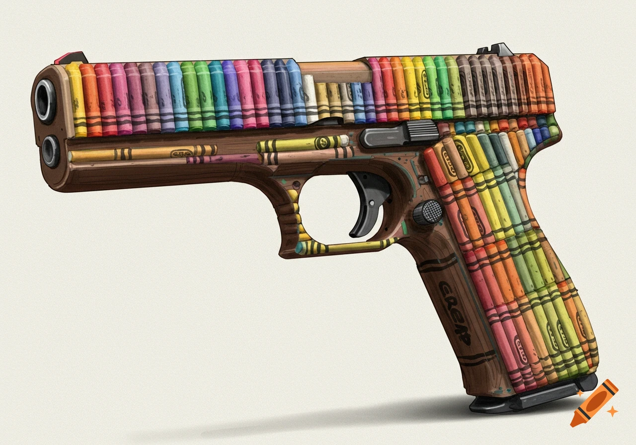 An artistic illustration of a modern handgun made entirely out of colorful crayons.