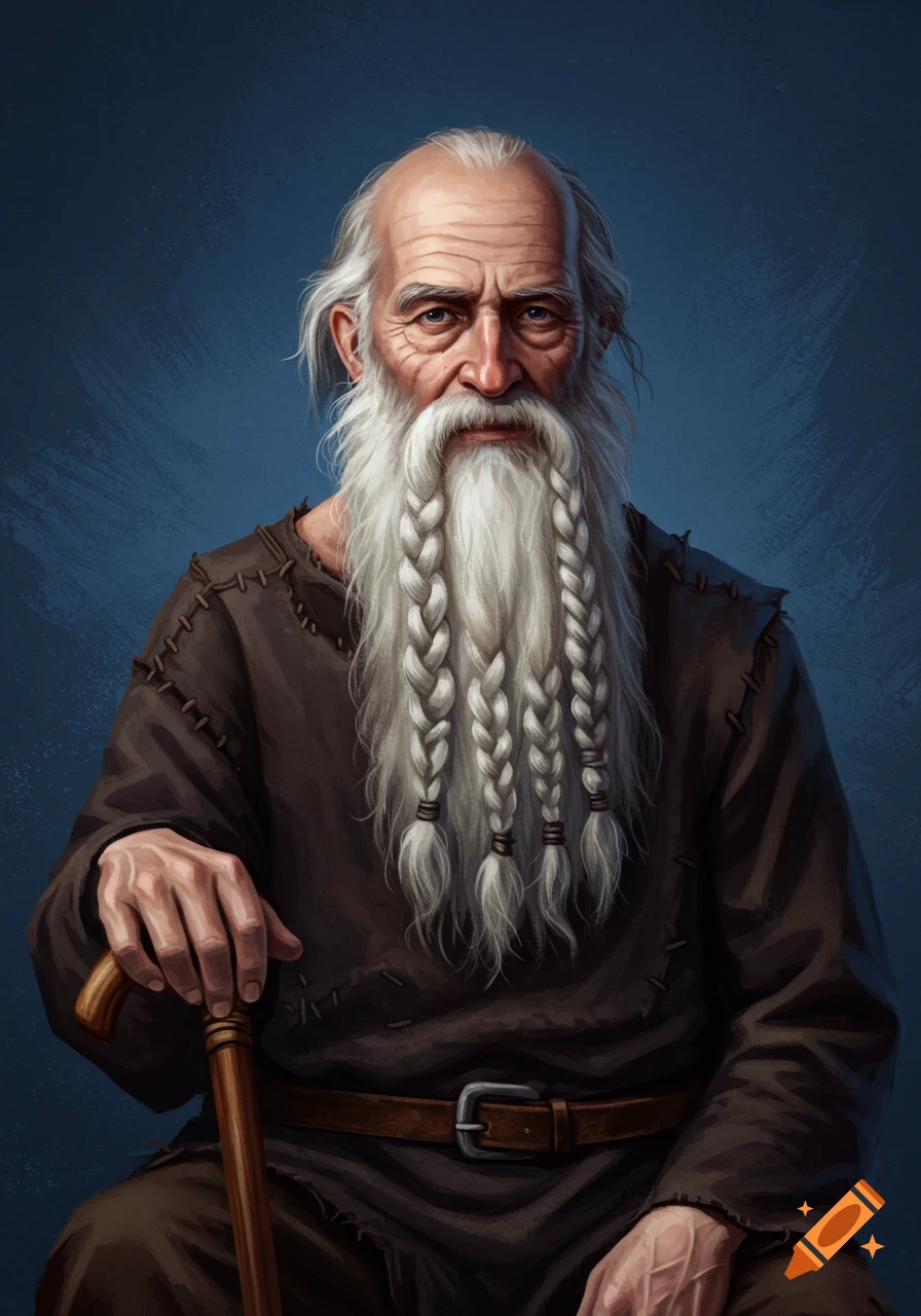 Digital painting of an old man with a long, white braided beard ...