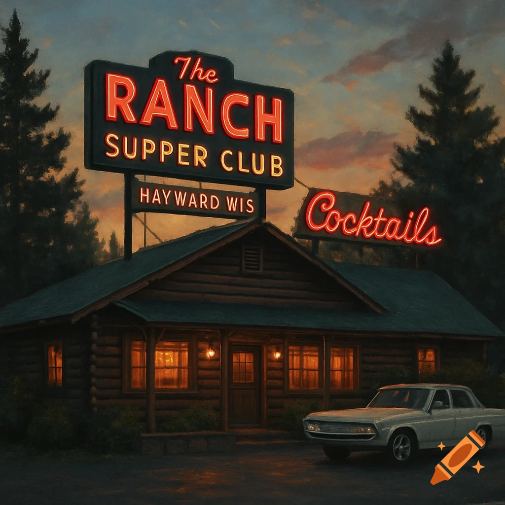 A rustic log cabin building with neon signs reading "The Ranch Supper Club" and "Hayward Wis," a "Cocktails" sign, and a white vintage car parked in front at dusk.