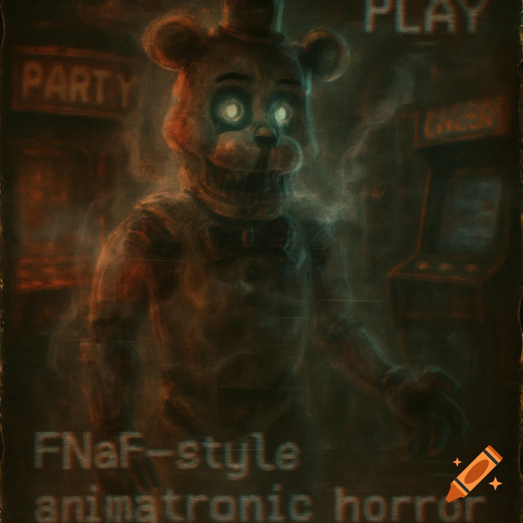 A creepy animatronic bear with glowing eyes in a dark, smoky arcade, stylized with VHS static and 'FNaF-style animatronic horror' text.