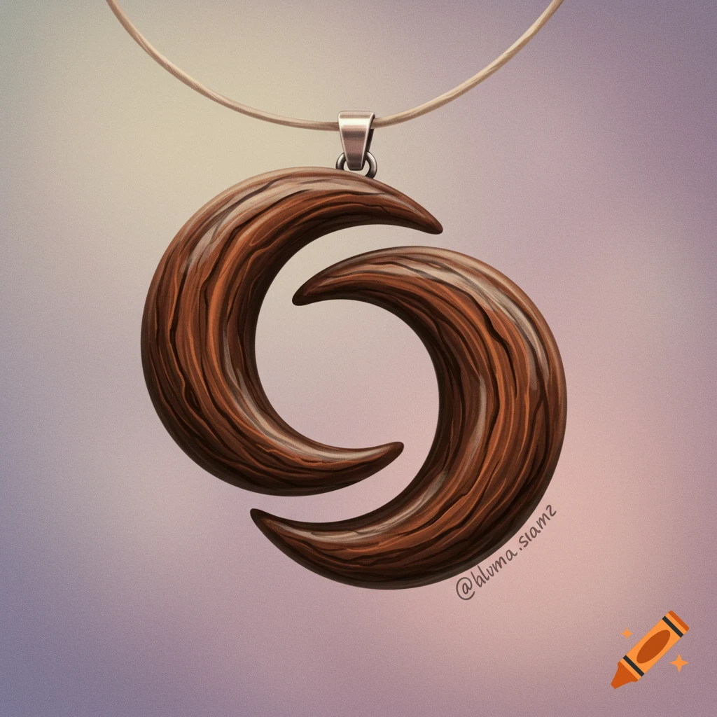 A photorealistic wooden pendant with two interlocking, crescent-shaped pieces hanging from a silver bail and cord against a soft, gradient background.