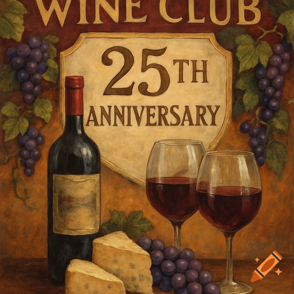 A painterly still life featuring a wine bottle, two glasses of red wine, purple grapes, and cheese wedges. A sign reads '25th Anniversary Wine Club'.