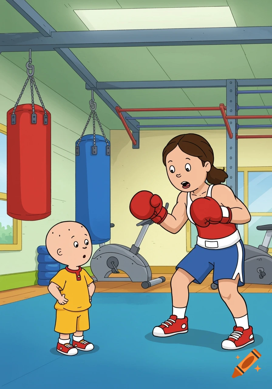 Caillou watches a female boxer in a red and blue outfit pose in a cartoon gym with punching bags.