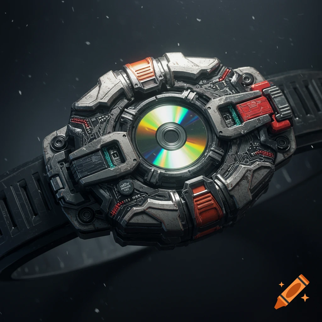 Close-up of a futuristic, industrial-style watch or belt buckle with a central iridescent CD disk and intricate metallic and circuit board details.