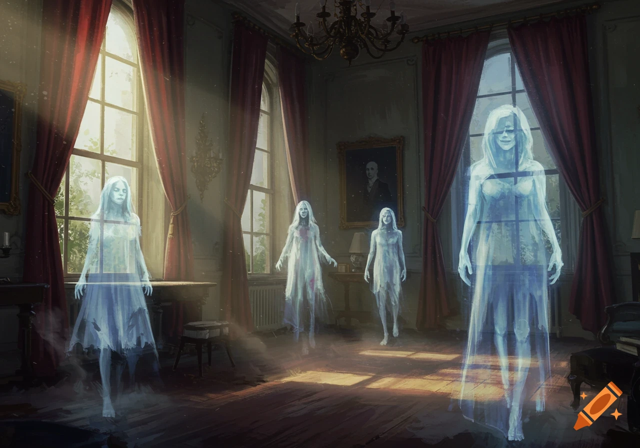 Four ethereal ghosts float in a sunlit, ornate room with tall windows and red curtains.