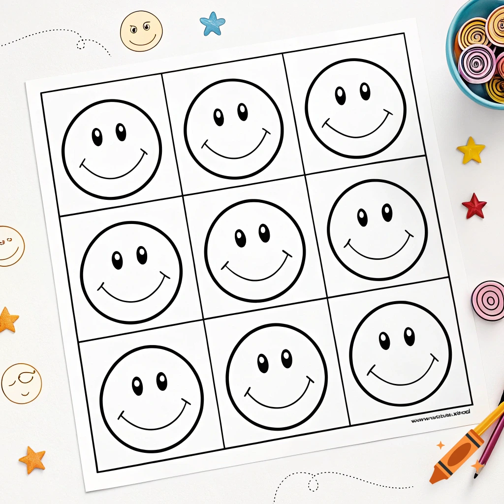A white worksheet with nine black outline smiley faces arranged in a 3x3 grid, surrounded by colorful star shapes, wooden spirals, and pencils on a white surface.