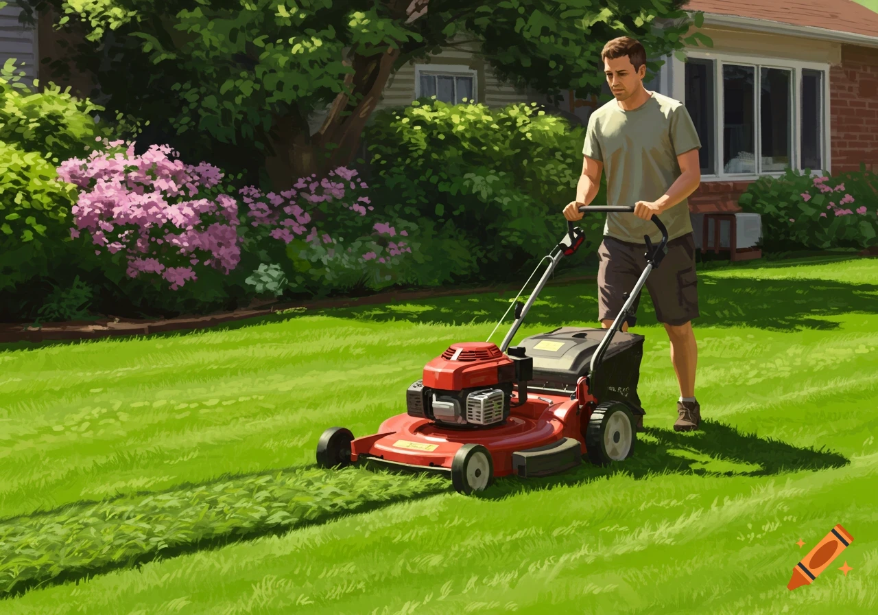 A man pushes a red lawnmower across a green lawn, cutting stripes into the grass. A house and bushes are in the background.