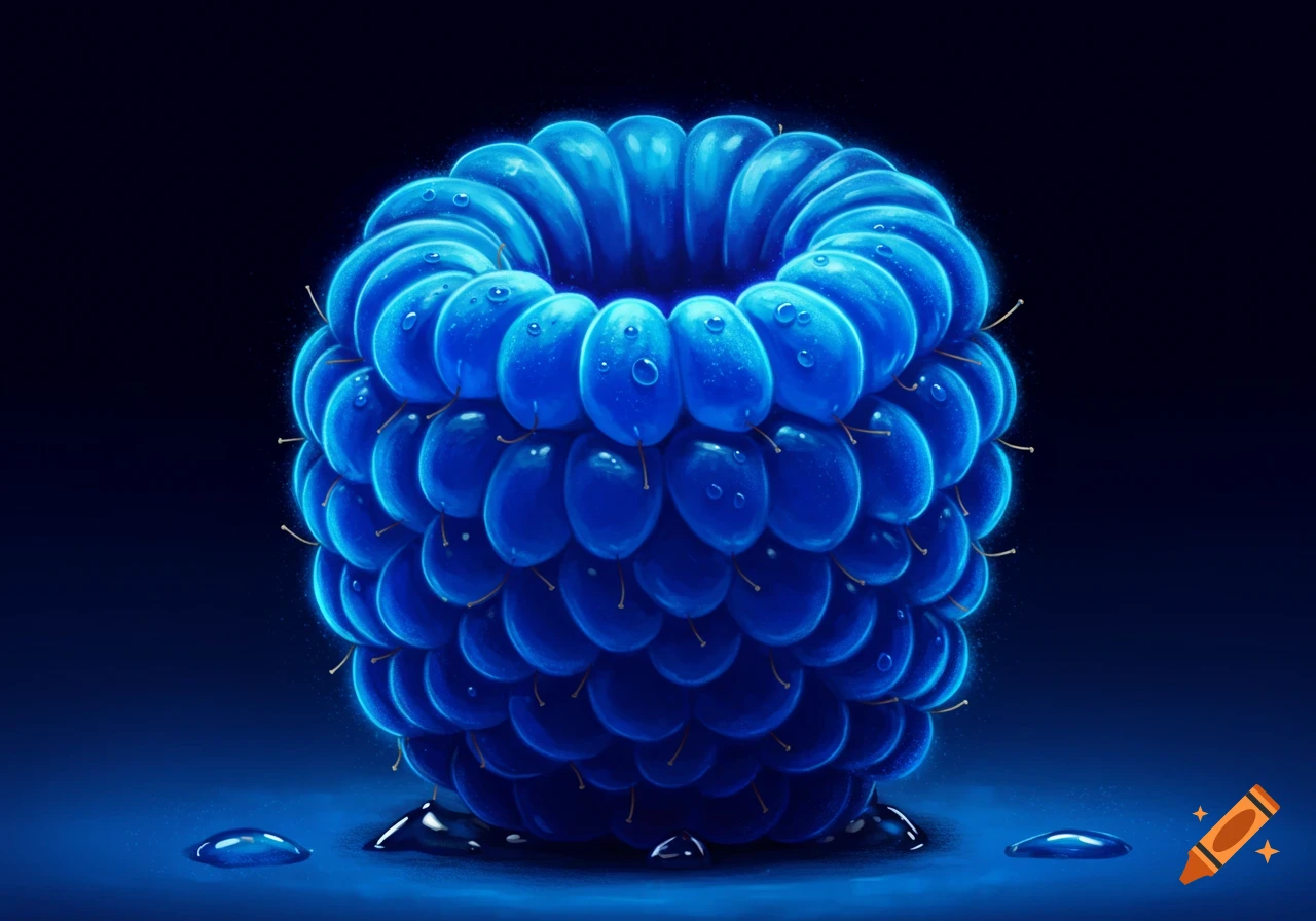 A vibrant, stylized neon blue raspberry with water droplets against a dark background.