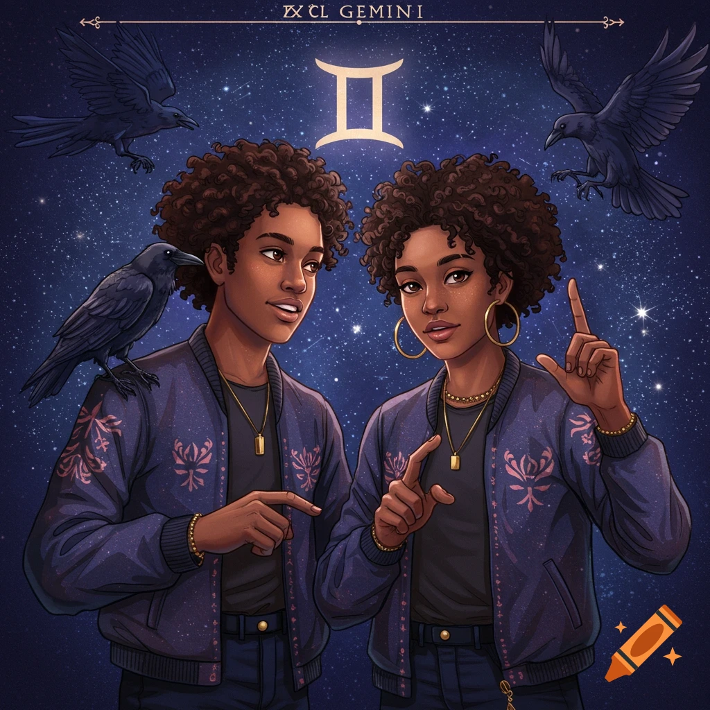 Illustration of two Black Gemini twins with curly hair, wearing blue jackets, under a starry night sky with three ravens and the Gemini symbol.