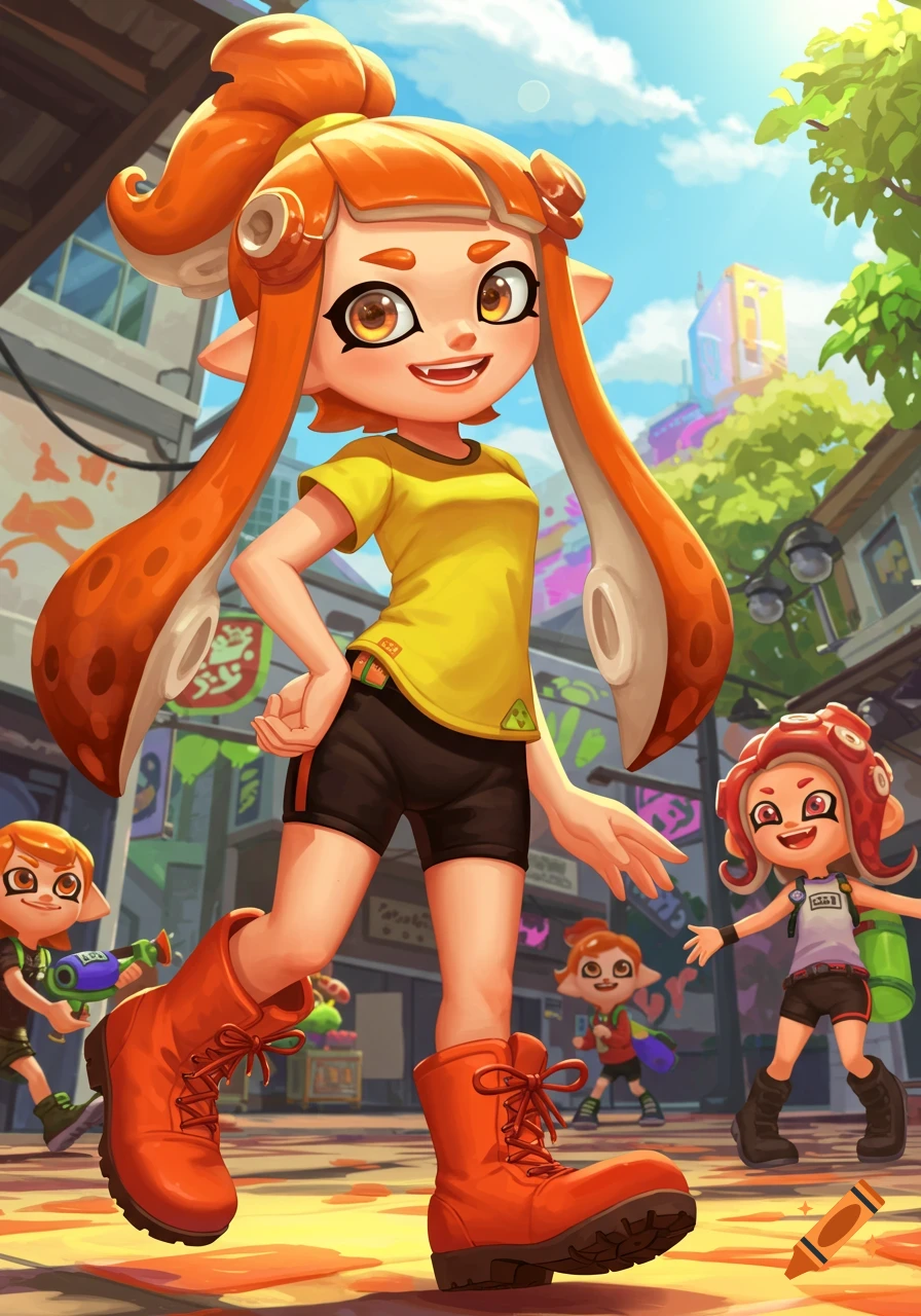 A cheerful orange Inkling girl in yellow shirt and orange boots stands in a vibrant urban street with other cartoon characters.