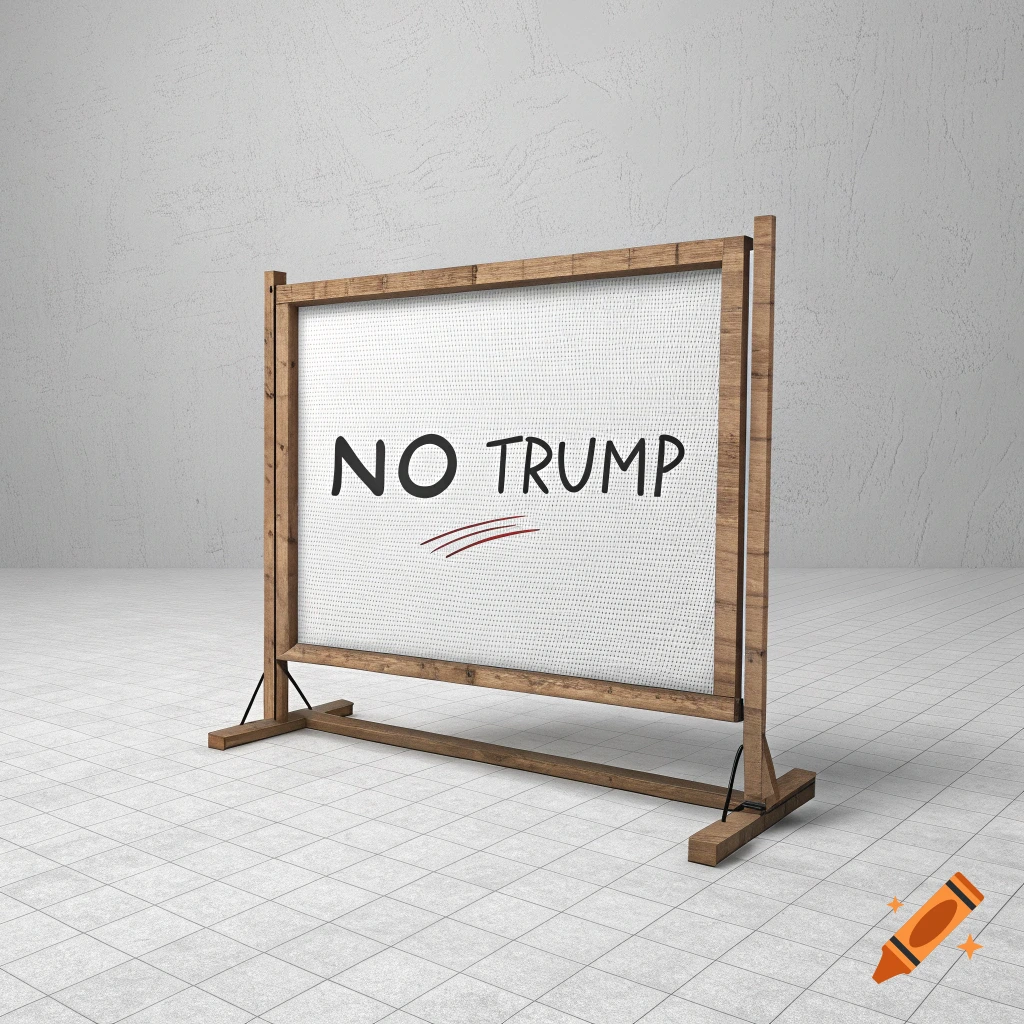 A white sign with "NO TRUMP" in black text and red scribbles, on a wooden frame, stands on a tiled floor in a minimalist room.