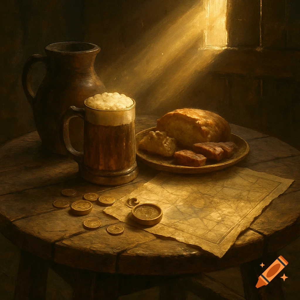 A still life painting of a foamy mug of ale, bread, meat, and coins on an old wooden table, illuminated by golden light from a window.