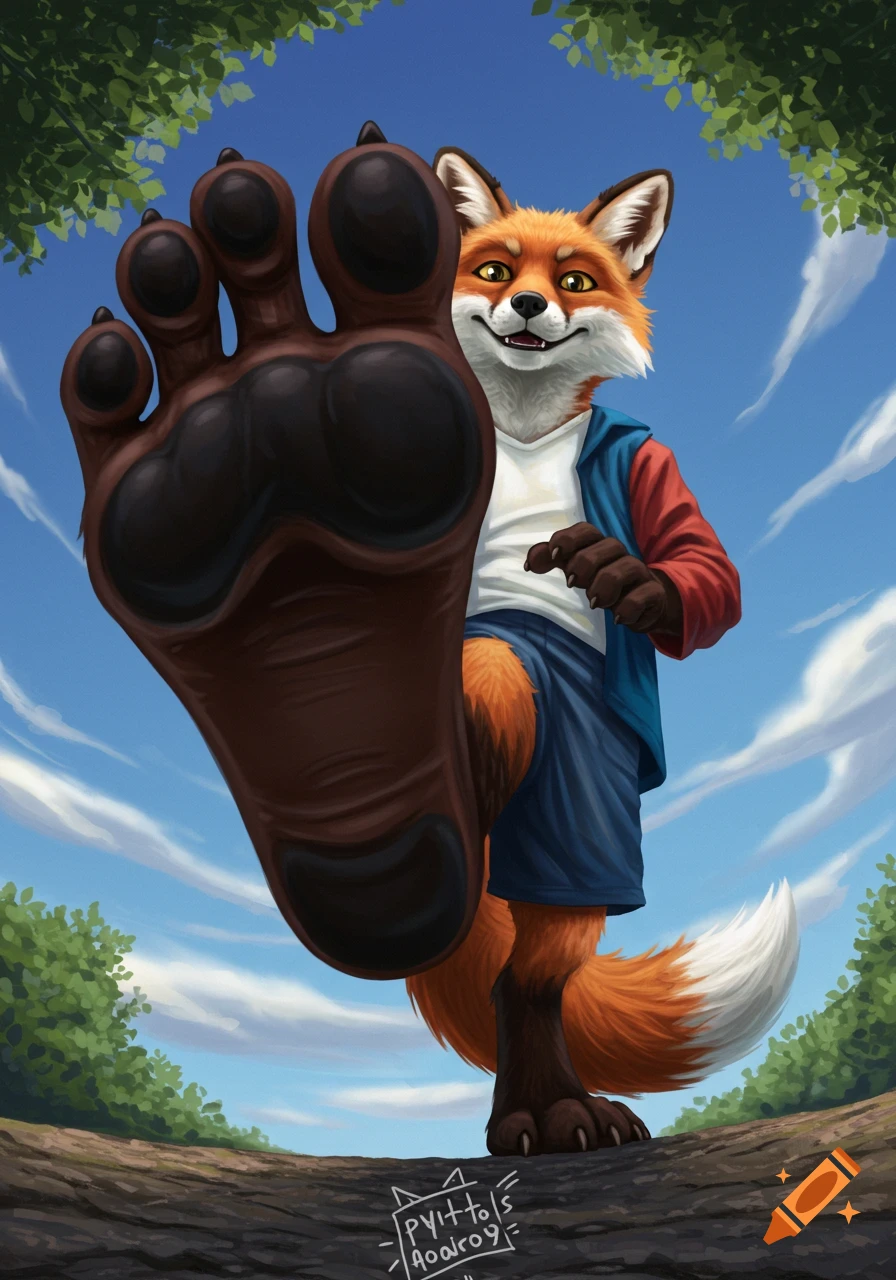 A digital illustration of an anthropomorphic red fox smiling down, its large paw raised above the viewer.