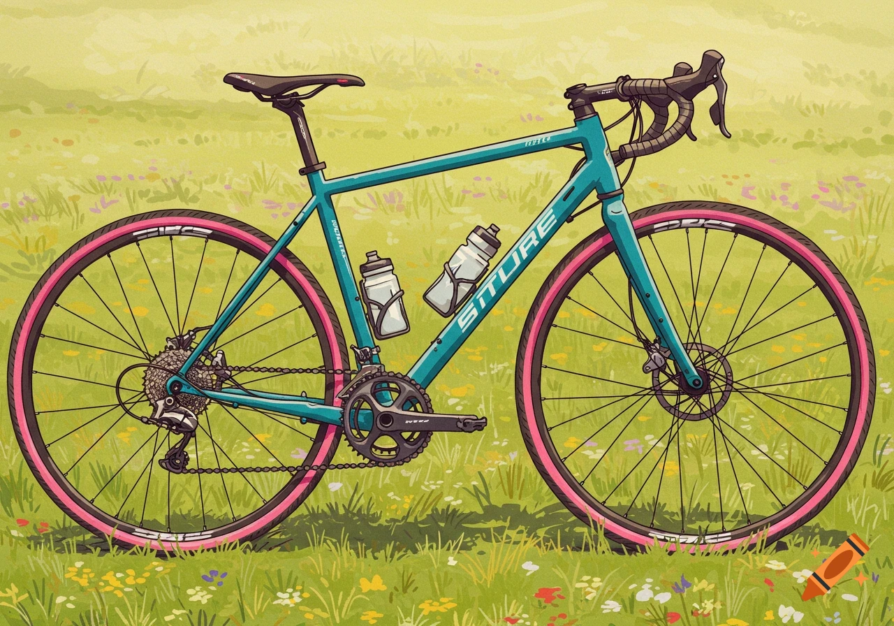 A cartoon illustration of a teal blue gravel bike with pink tires and two water bottles, standing in a sunny, grassy field with small wildflowers.