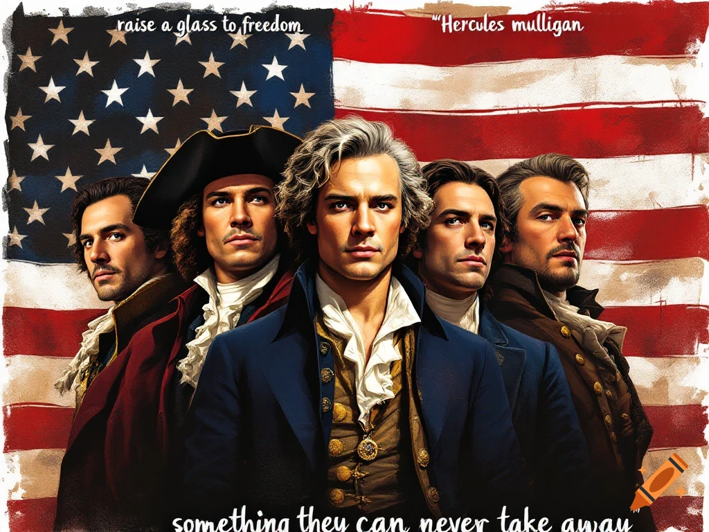 Five men in 18th-century attire stand in front of a painted American flag. Text on the flag reads 'raise a glass to freedom', '"Hercules mulligan"', and 'something they can never take away'.
