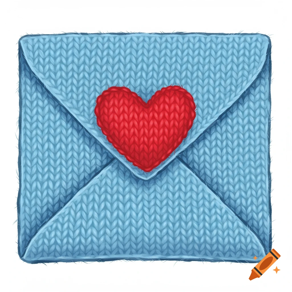 A light blue knitted envelope with a red knitted heart on the front, centered.