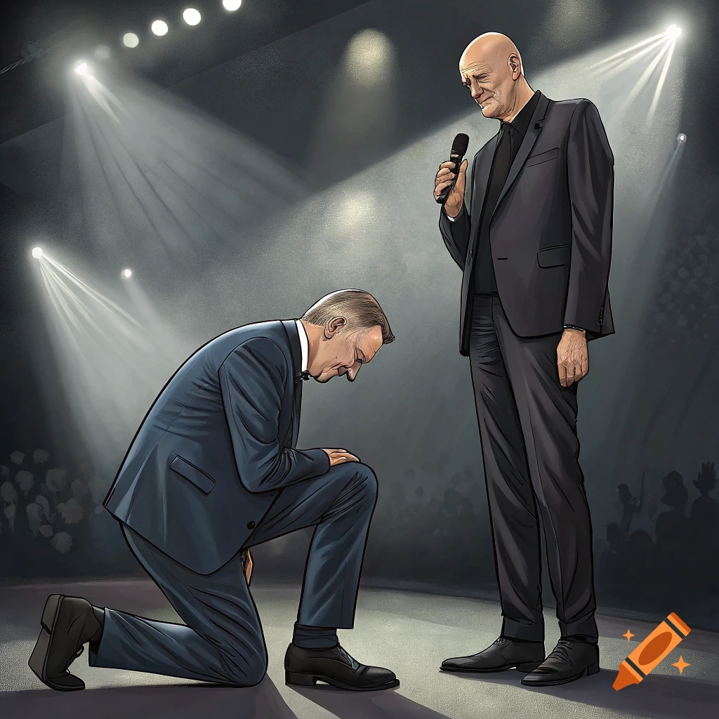 An illustration of a man in a suit kneeling on a stage before another man in a suit holding a microphone, under bright stage lights.