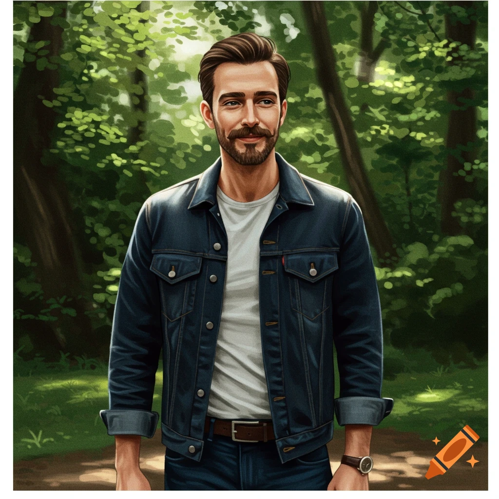 A man with a beard and mustache wearing a denim jacket and white t-shirt stands in a forest in a digital art style.