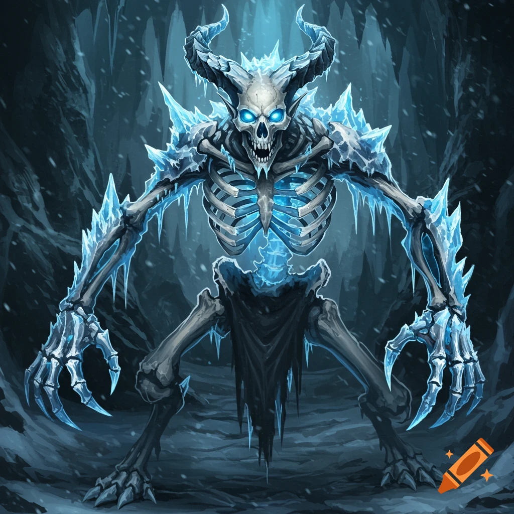A skeletal monster with glowing blue eyes, large horns, and sharp ice shards covering its body, standing in a dark, icy cavern.