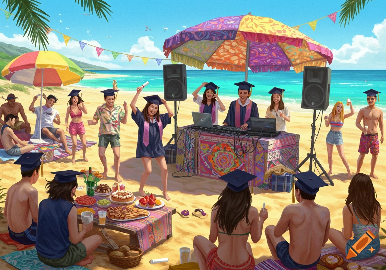 A group of young adults in graduation caps and casual wear celebrate with a party on a sunny beach, featuring a DJ setup, food, and colorful decorations.