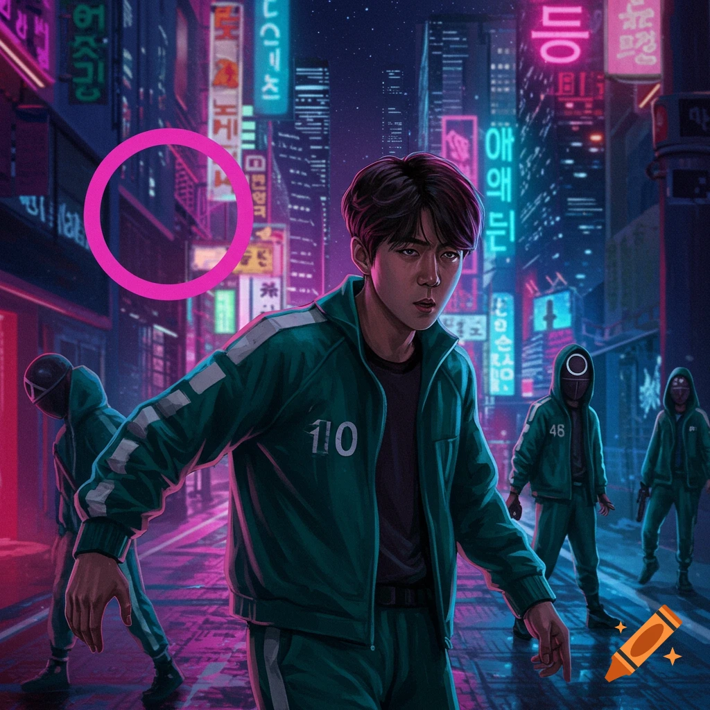 An illustrated man in a green Squid Game tracksuit with number 110 stands in a neon-lit futuristic Korean city street, with masked figures behind him.