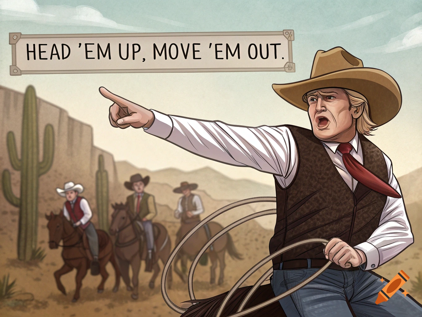 Cartoon of Donald Trump as a cowboy pointing, with other cowboys on horseback in a desert. A banner reads 'HEAD 'EM UP, MOVE 'EM OUT.'
