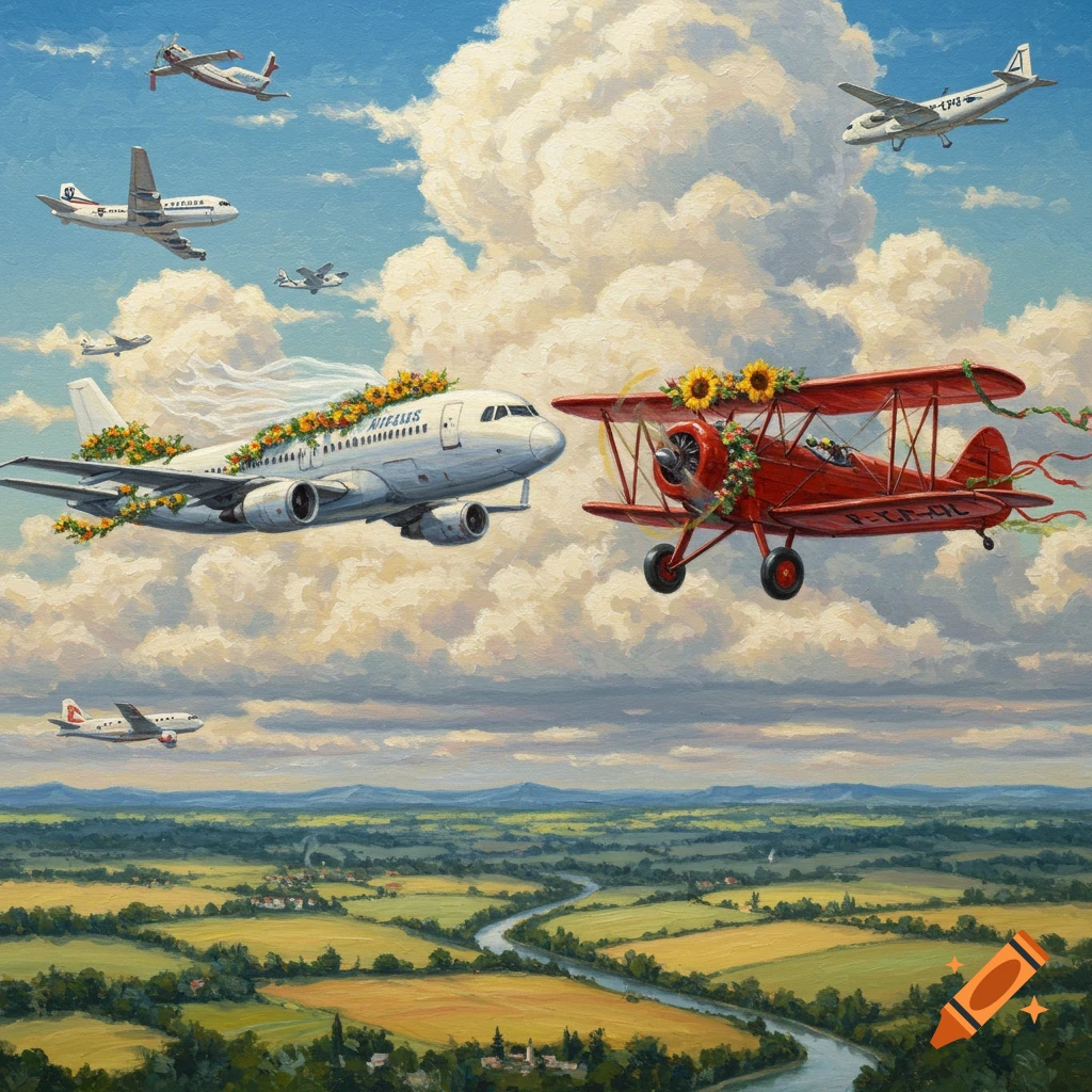 An oil painting depicting a white passenger plane and a red biplane, adorned with sunflowers and ribbons, flying together as if getting married, against a sky with large white clouds and a green landscape below.