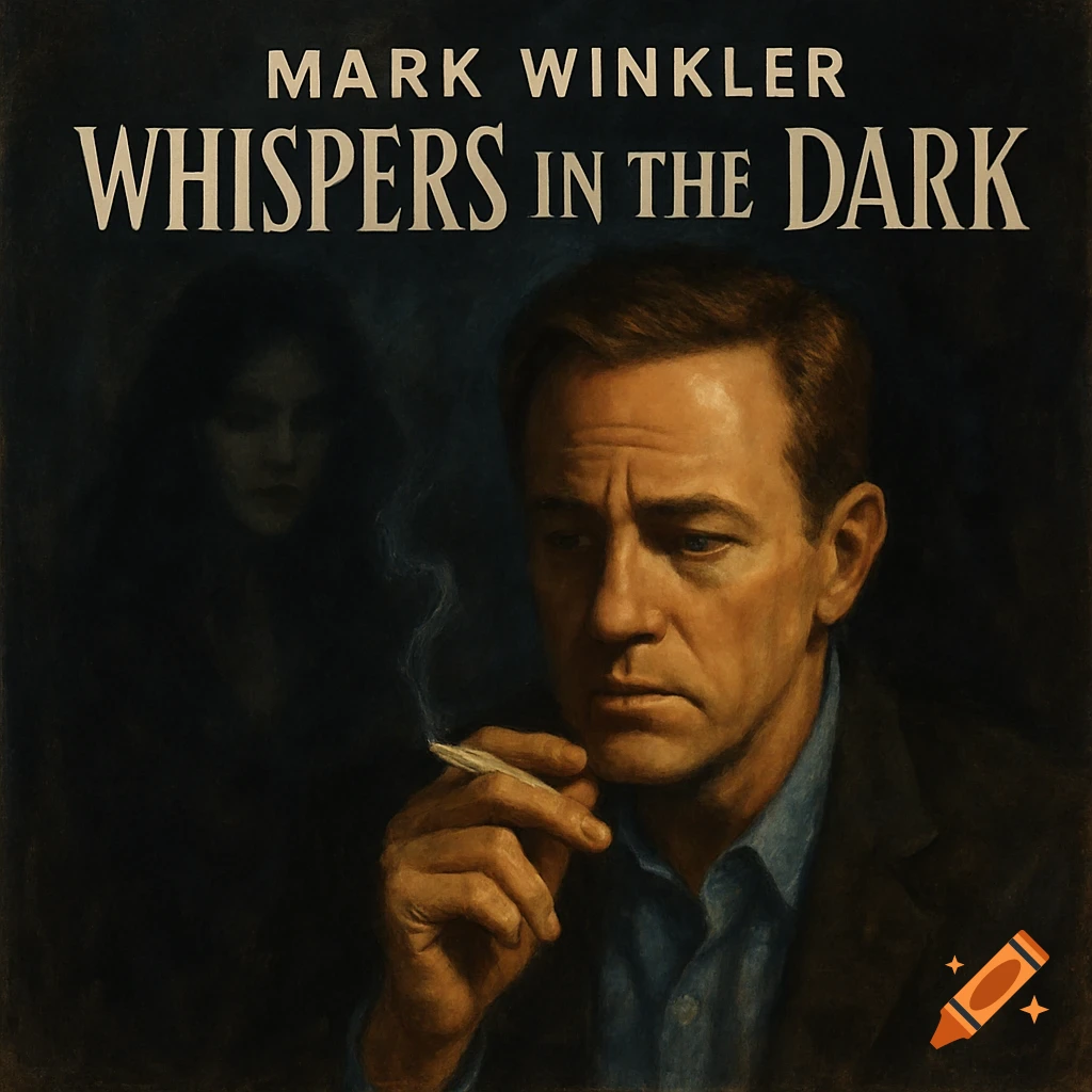 A man holding a cigarette, with a ghostly figure behind him, on a dark album cover titled 'Whispers in the Dark by Mark Winkler'.