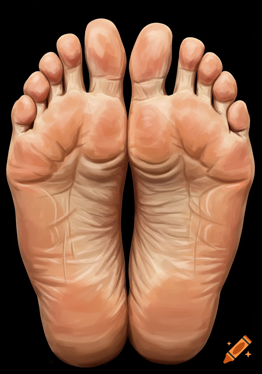 Two human foot soles with prominent wrinkles, viewed from below against a black background.