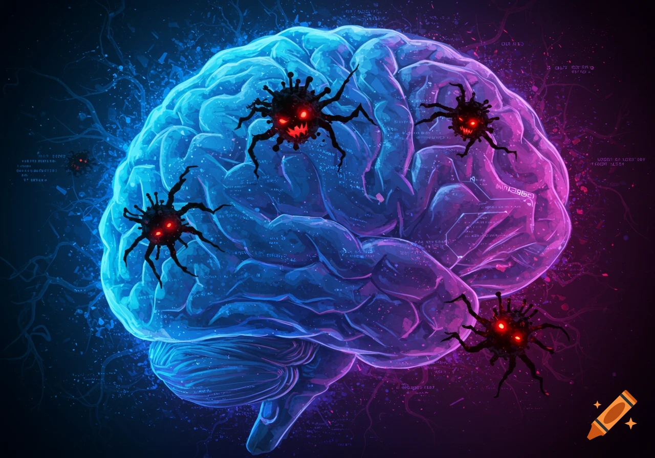Stylized blue and purple glowing brain attacked by menacing black virus-like creatures with red eyes, surrounded by digital data patterns.